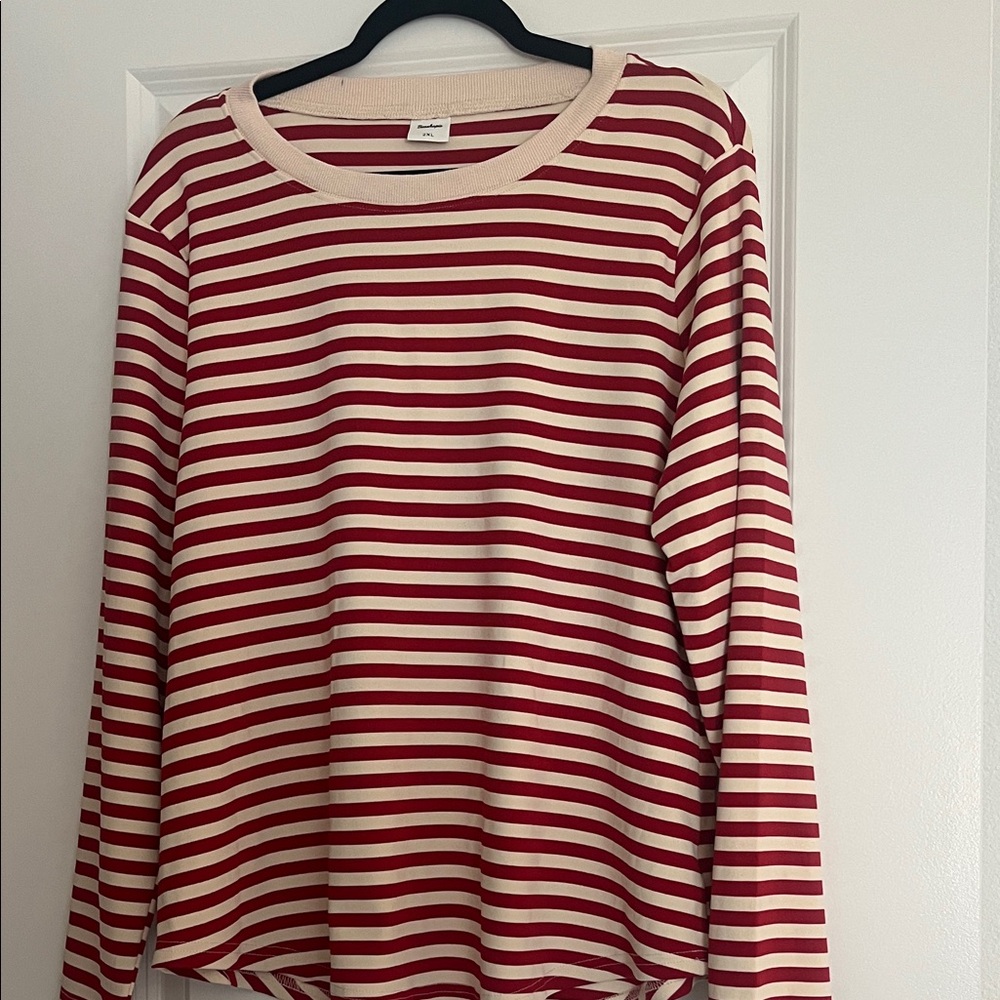 Striped Long-Sleeve Crewneck Top in Red and Cream 2XL